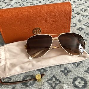 Tory Burch White Rim Gold Aviator Sunglasses